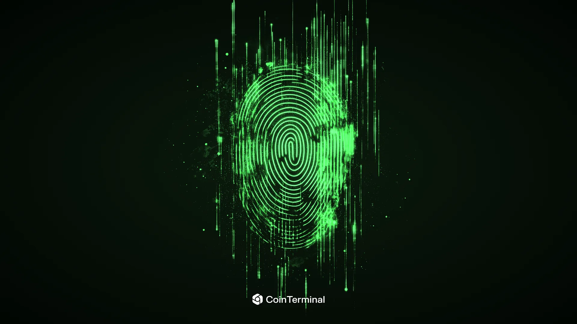 Green digital fingerprint dissolving into falling code