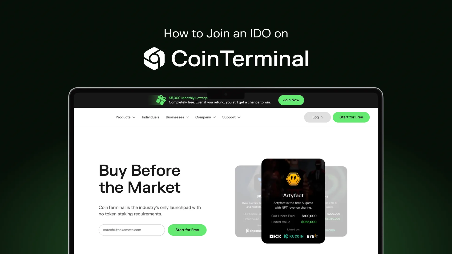 CoinTerminal website on a laptop showing the heading Buy Before the Market