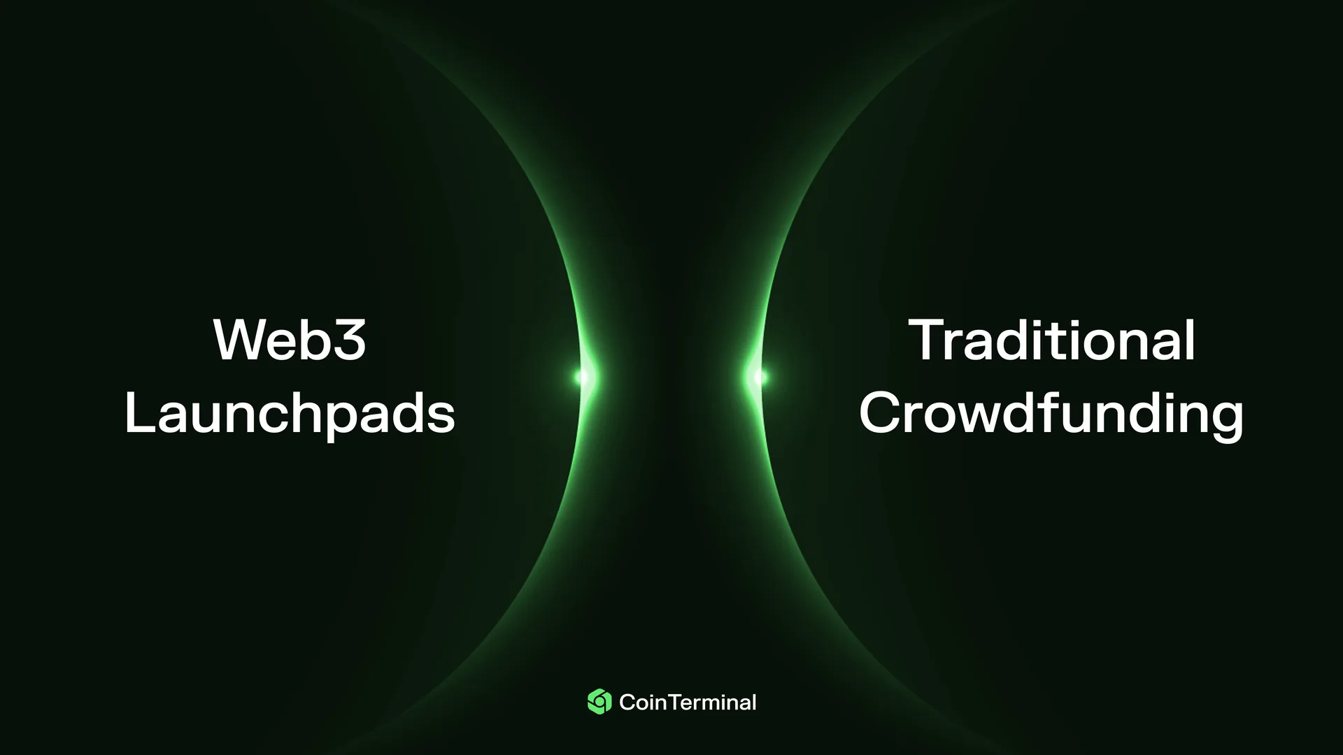 Web3 Launchpads and Traditional Crowdfunding facing each other across a bright divide