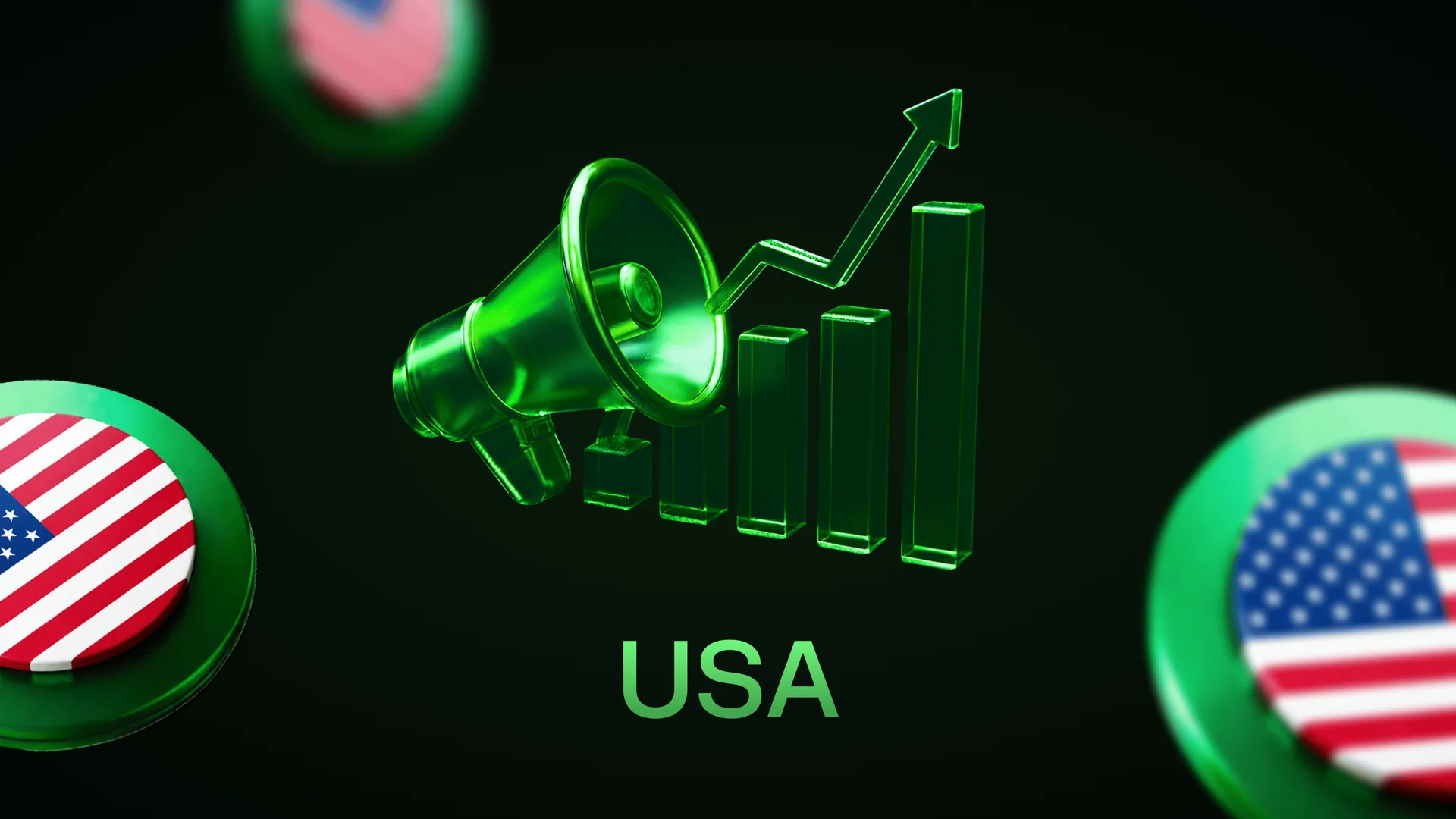 Green megaphone and rising bar chart between coins bearing the US flag, captioned USA