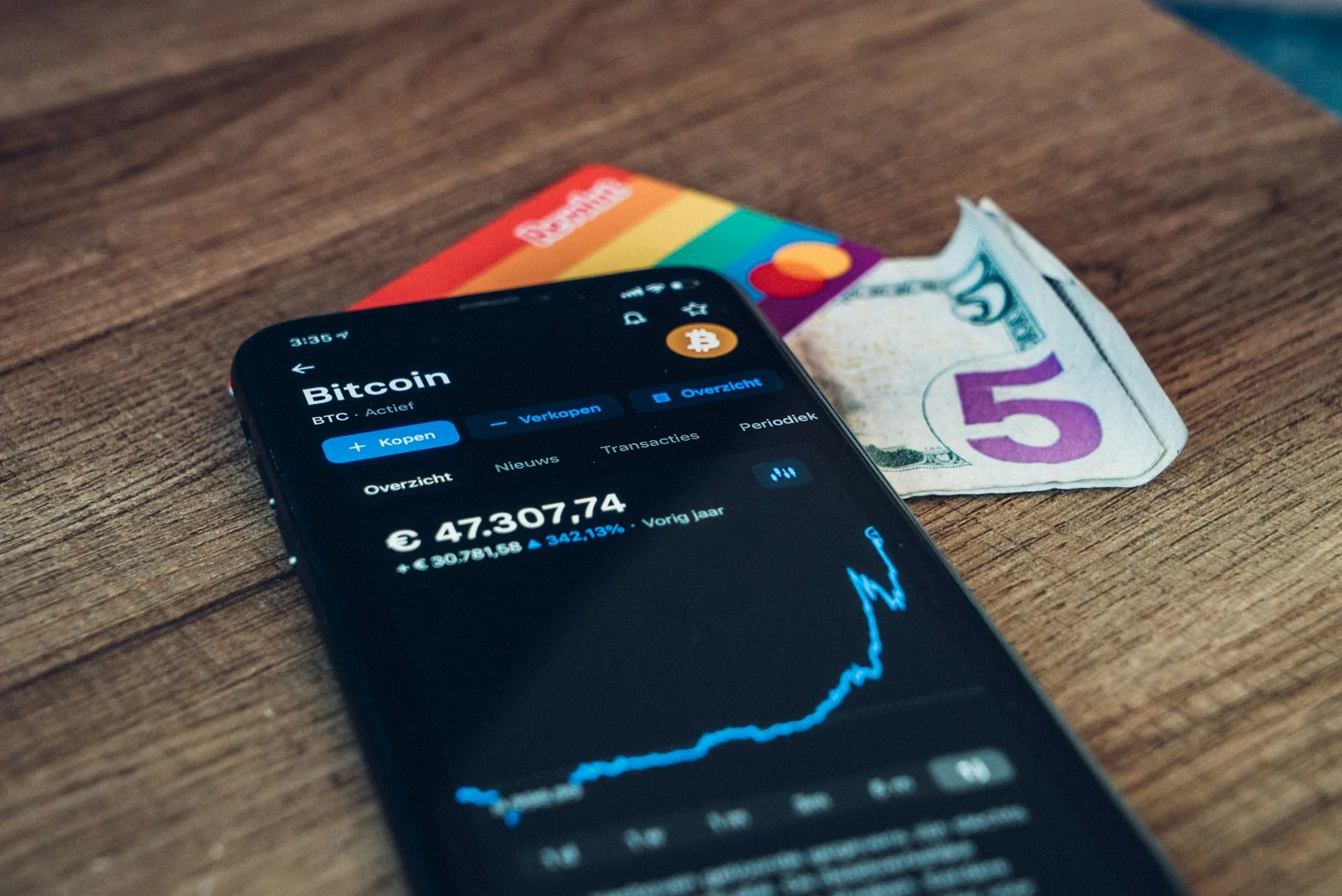 Phone showing a rising Bitcoin price chart beside a bank card and a five-dollar note