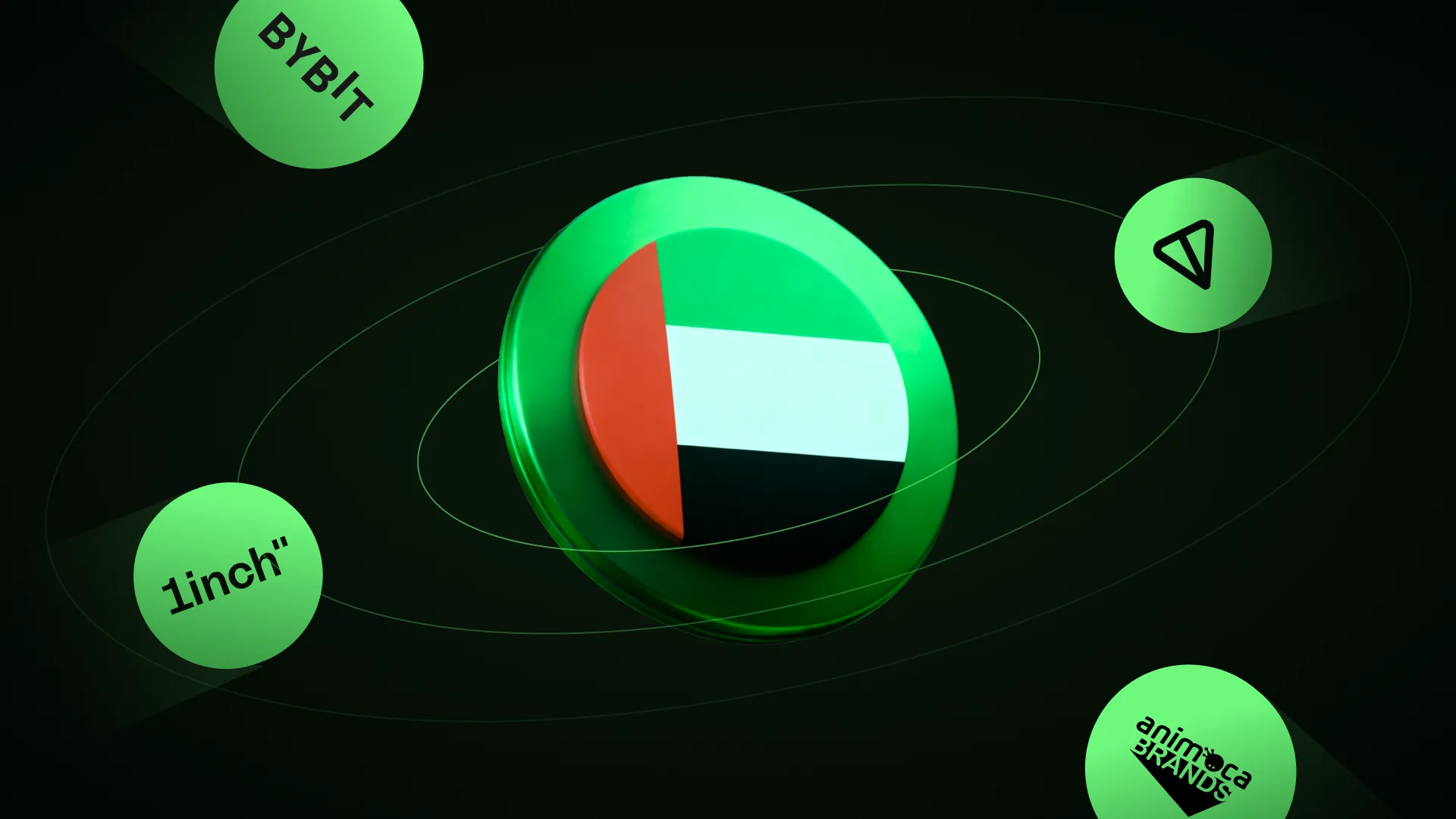 Green coin bearing the UAE flag orbited by Bybit, 1inch and Animoca Brands tokens