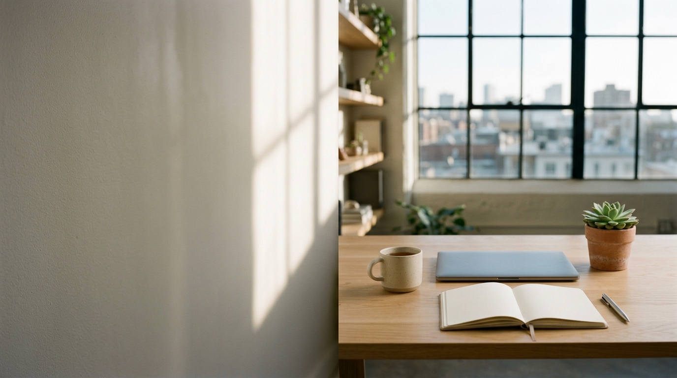 Editorial header image for a 2026 guide to careers at Uniswap, showing a quiet desk workspace on a neutral surface