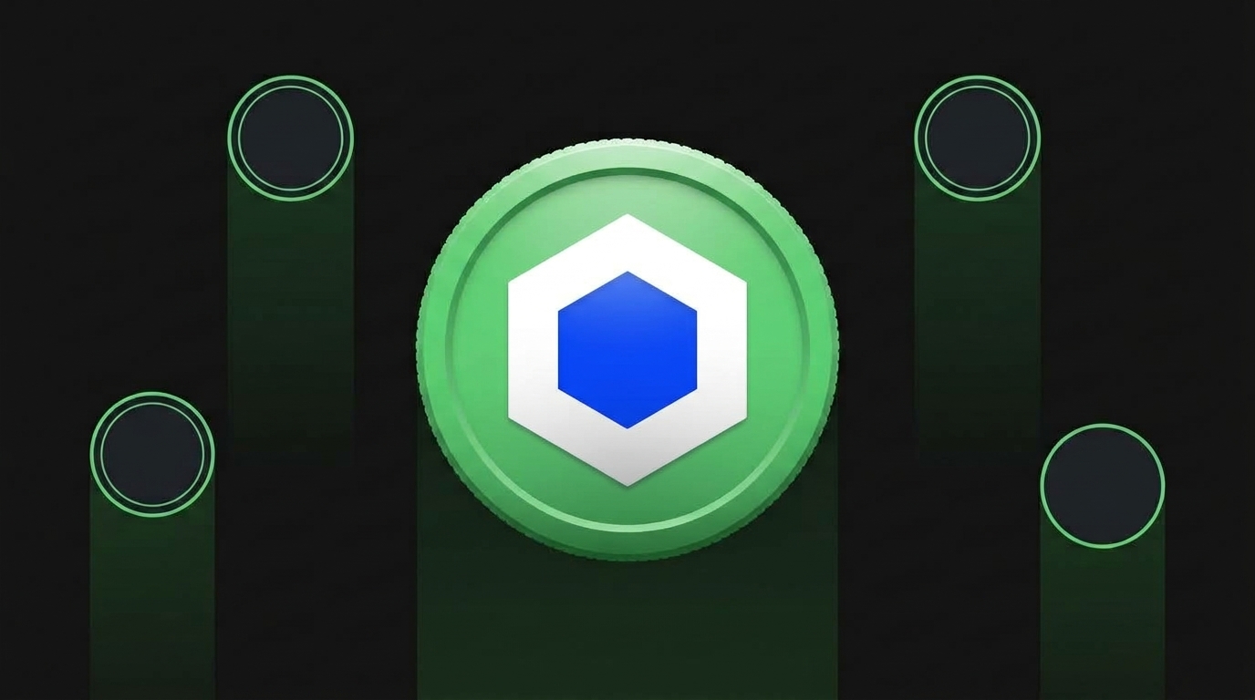 Cover illustration for a 2026 guide to careers at Chainlink Labs, showing a 3D LINK token centred on a dark background in CoinTerminal's green