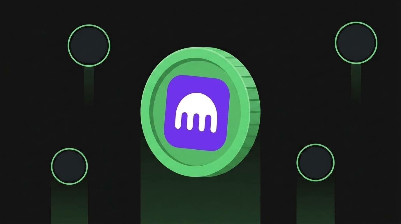 Cover illustration for a 2026 guide to careers at Kraken, showing a 3D medallion carrying the Kraken logo centred on a dark background in CoinTerminal's green