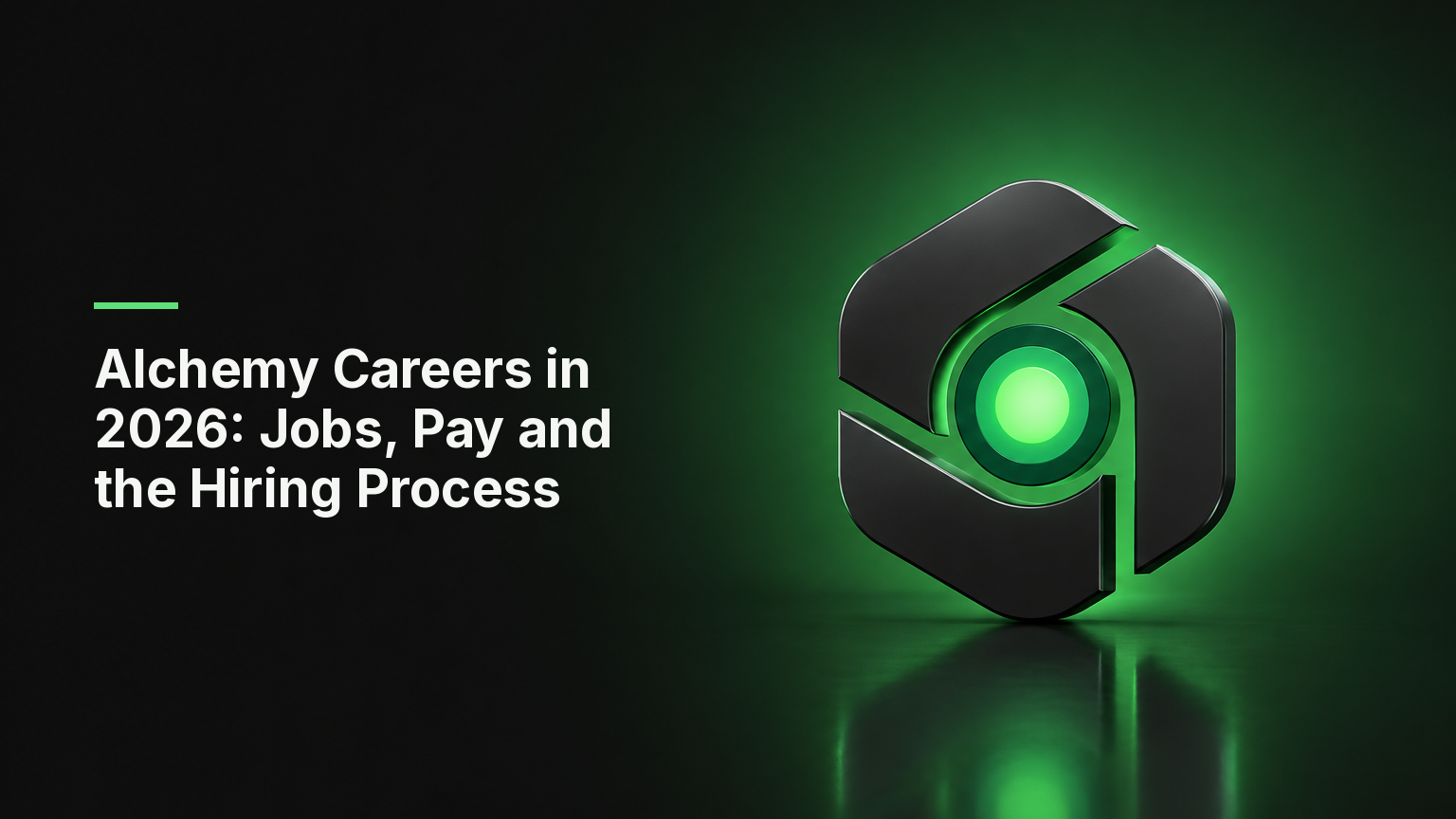 "Alchemy Careers in 2026: Jobs, Pay and the Hiring Process" - cover showing the CoinTerminal logomark as a 3D emblem on a dark background with green ambient light