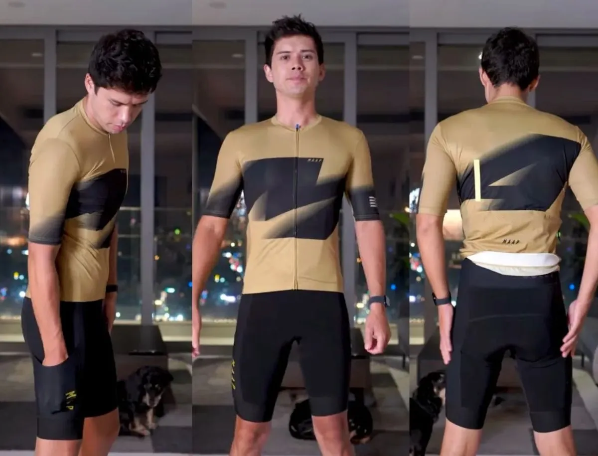 Three-panel photo showing a male cyclist wearing a MAAP gold and black cycling jersey from the side, front, and back, with bib shorts, displaying fit, rear pockets, and reflective details