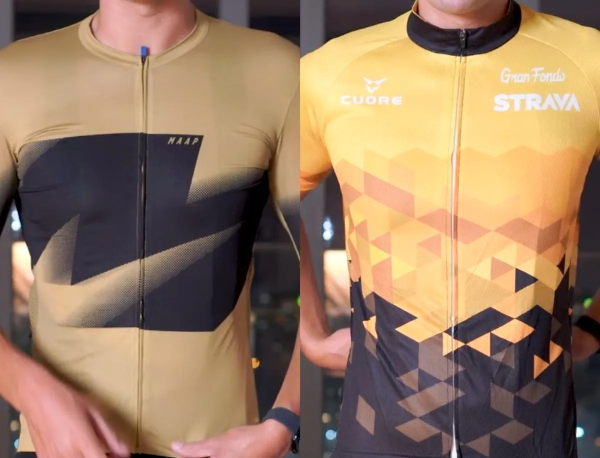 Side-by-side comparison of a tan and black MAAP cycling jersey on the left and a yellow-orange Cuore Gran Fondo Strava cycling jersey on the right, both worn by a cyclist