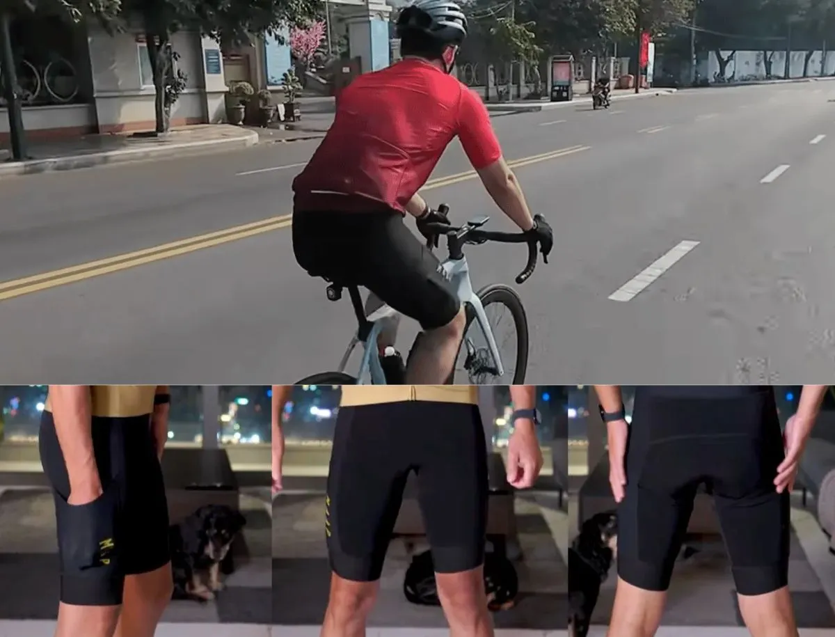 Top: cyclist in MAAP black bib shorts riding a Trek road bike on an urban street. Bottom: three-panel close-up showing the chamois padding and fit of MAAP bib shorts from front, back, and side angles