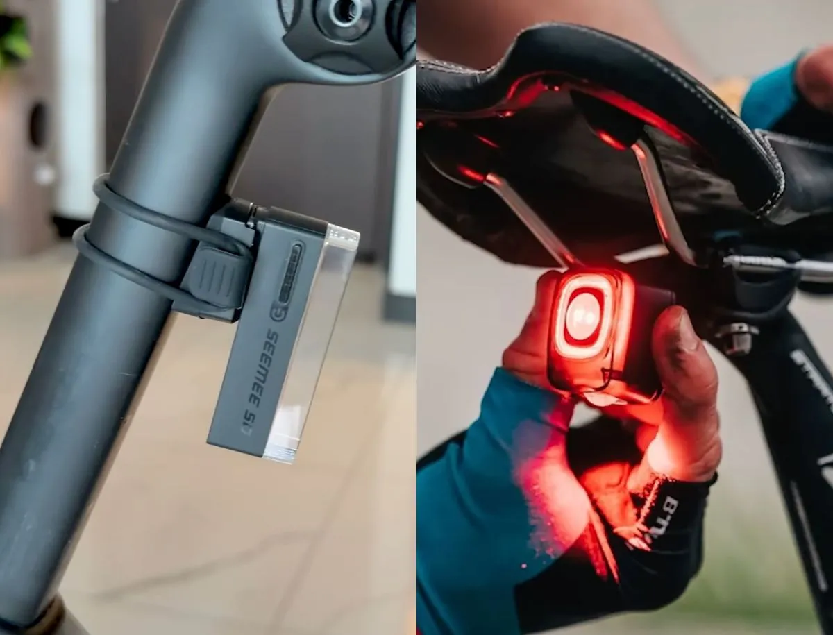 Split image showing Magicshine Seemee 50 pro rear bike light mounted on a carbon seatpost on the left, and a gloved hand holding a Magicshine seemee 200 v3 under a saddle on the right
