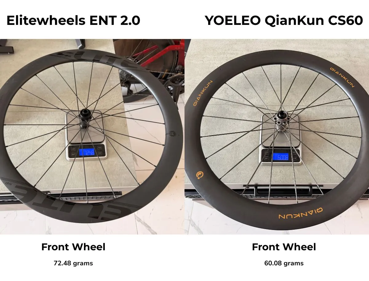 Elitewheels ENT 2.0 50mm front wheel on scale reading 72.48 grams beside YOELEO QianKun CS60 front wheel on scale reading 60.08 grams, side-by-side real-world weight test