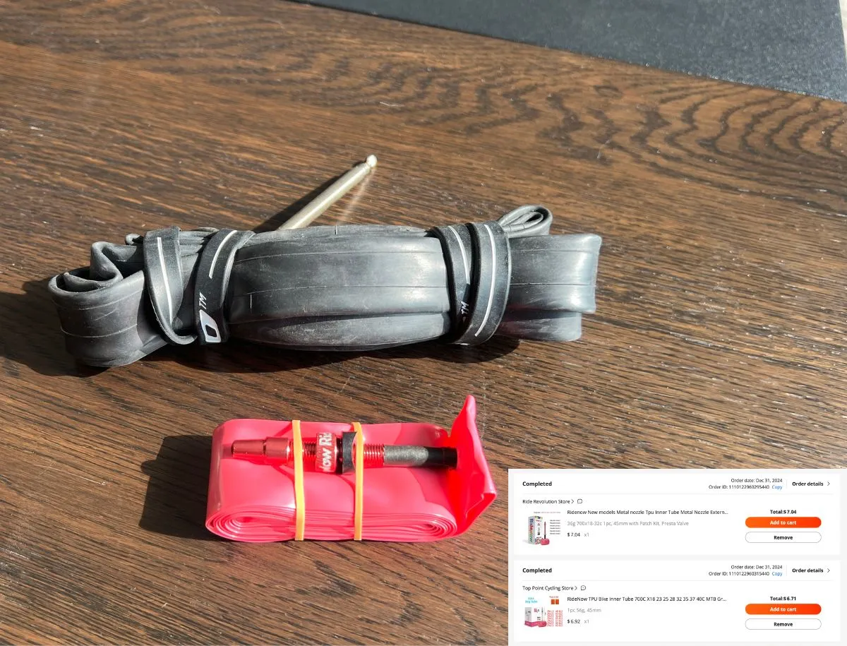RideNow upgraded TPU inner tube in red compact folded form with metal aluminum valve stem beside a standard black butyl inner tube on a wooden surface, with AliExpress order confirmation showing $7.04 purchase price from Ride Revolution Store