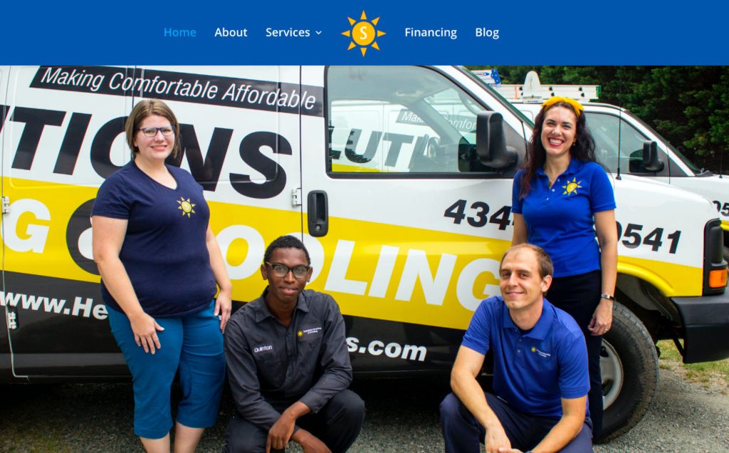 Photos of the business owners and staff standing next to the company van