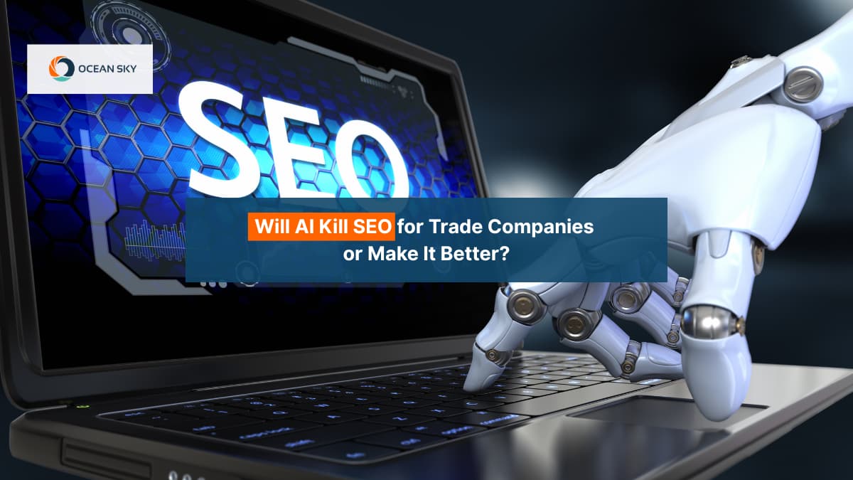 Laptop screen displays the words SEO while a robotic hand type on the keywords