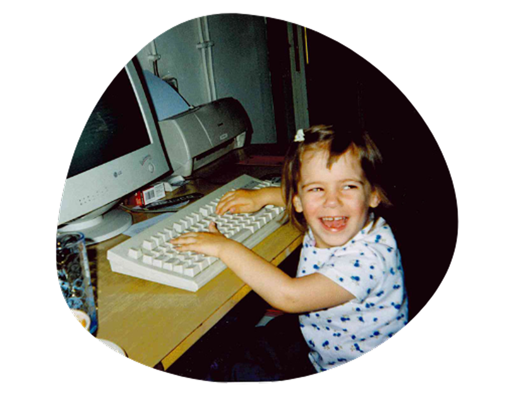 a cute baby, He use a computer 