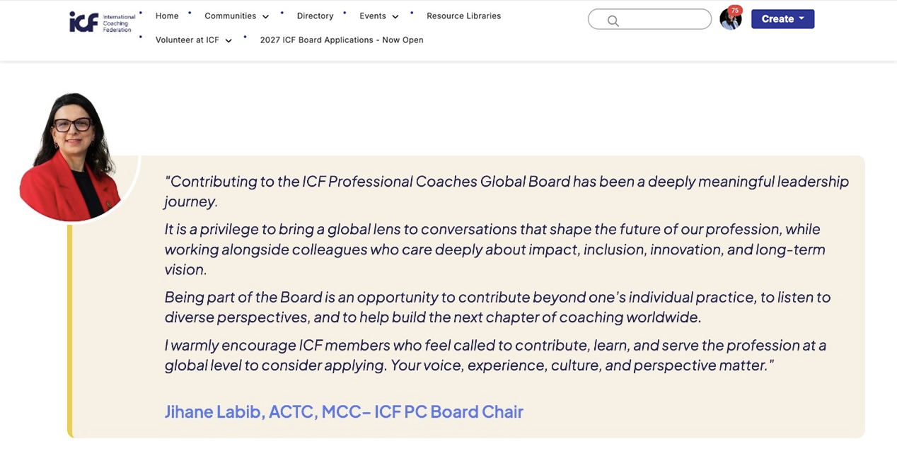 Statement by Jihane Labib as Chair of the ICF Professional Coaches Global Board, published on the International Coaching Federation website