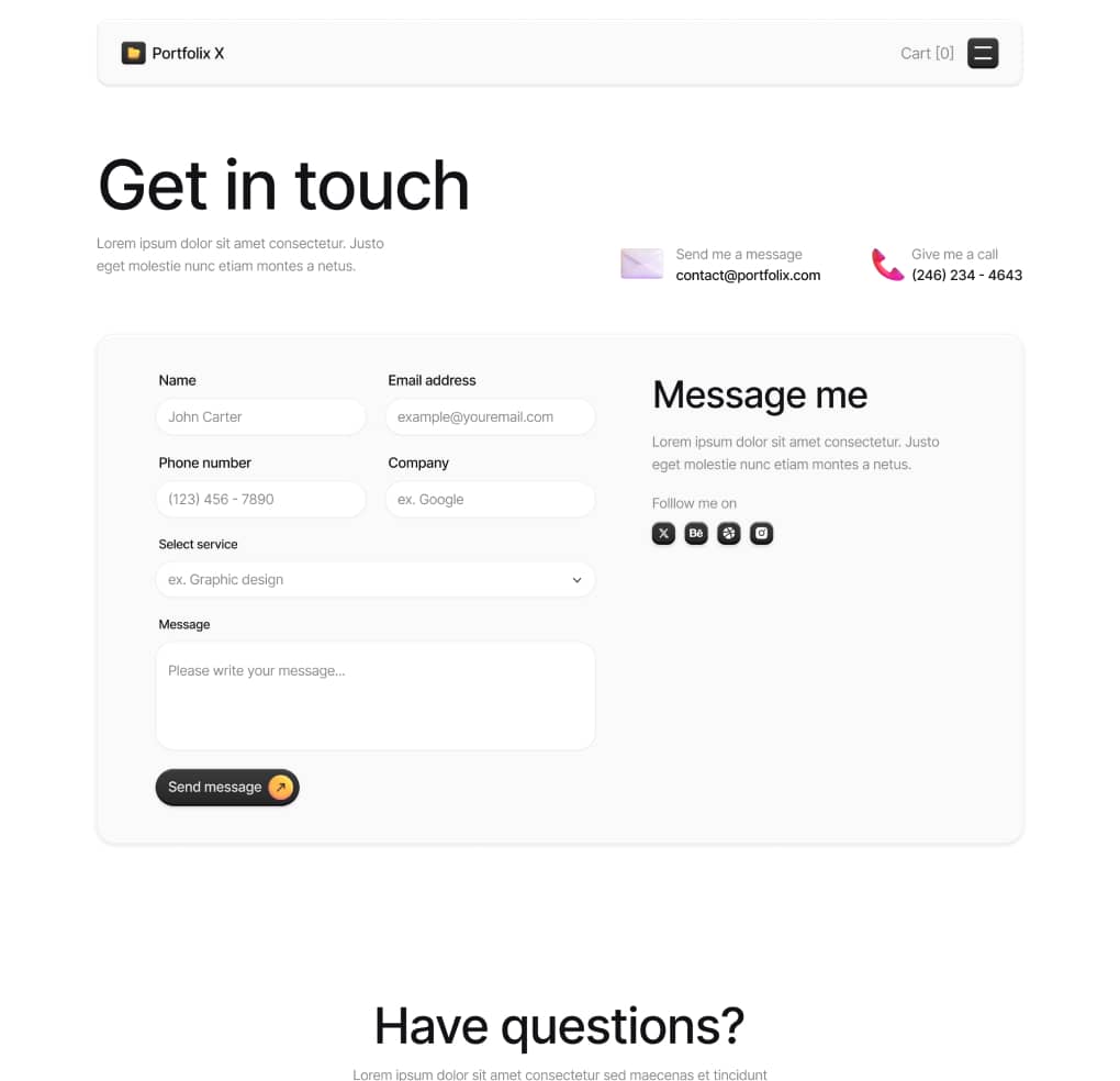 Portfolix X - Contact V2 Page - Personal Portfolio Webflow Template