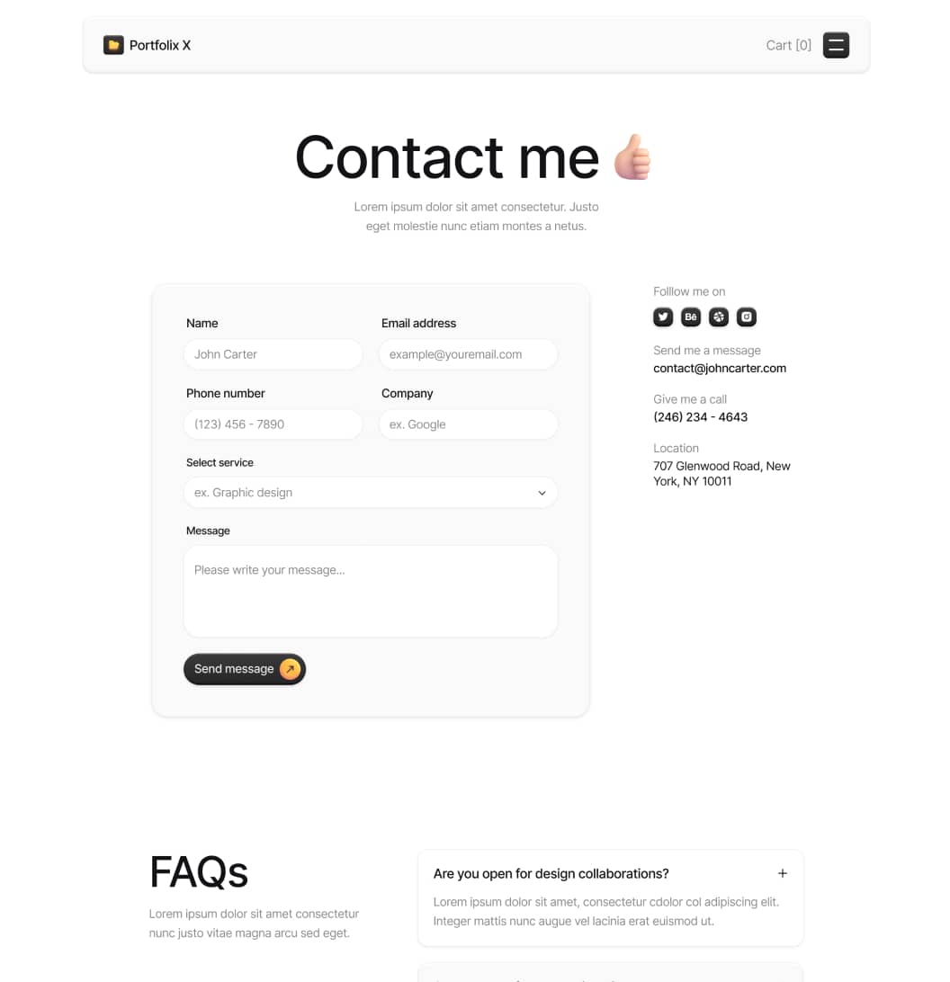 Portfolix X - Contact V1 Page - Personal Portfolio Webflow Template