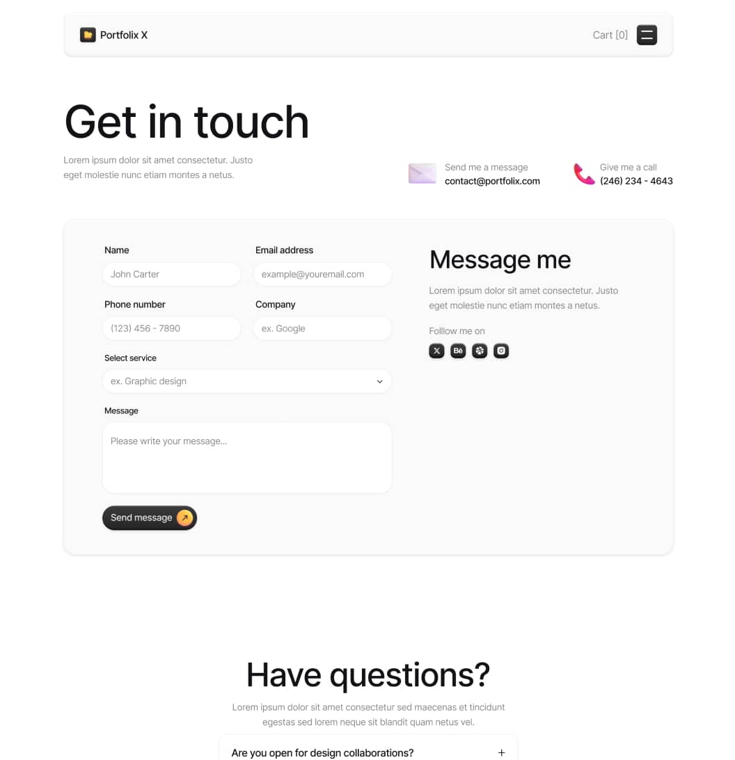 Portfolix X - Contact V2 Page - Personal Portfolio Webflow Template