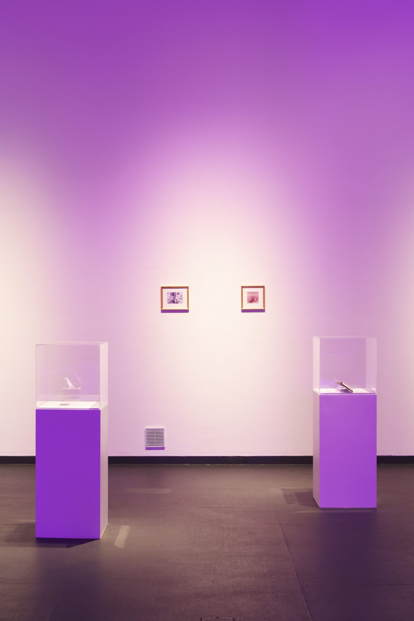 Purple light fills a gallery displaying two small framed photographs and two objects in glass cases on illuminated purple plinths.