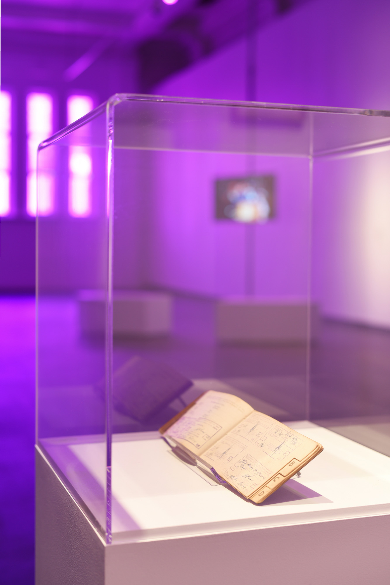 An open dompas, handwritten identification booklet displayed beneath a glass case, illuminated by purple gallery lighting.