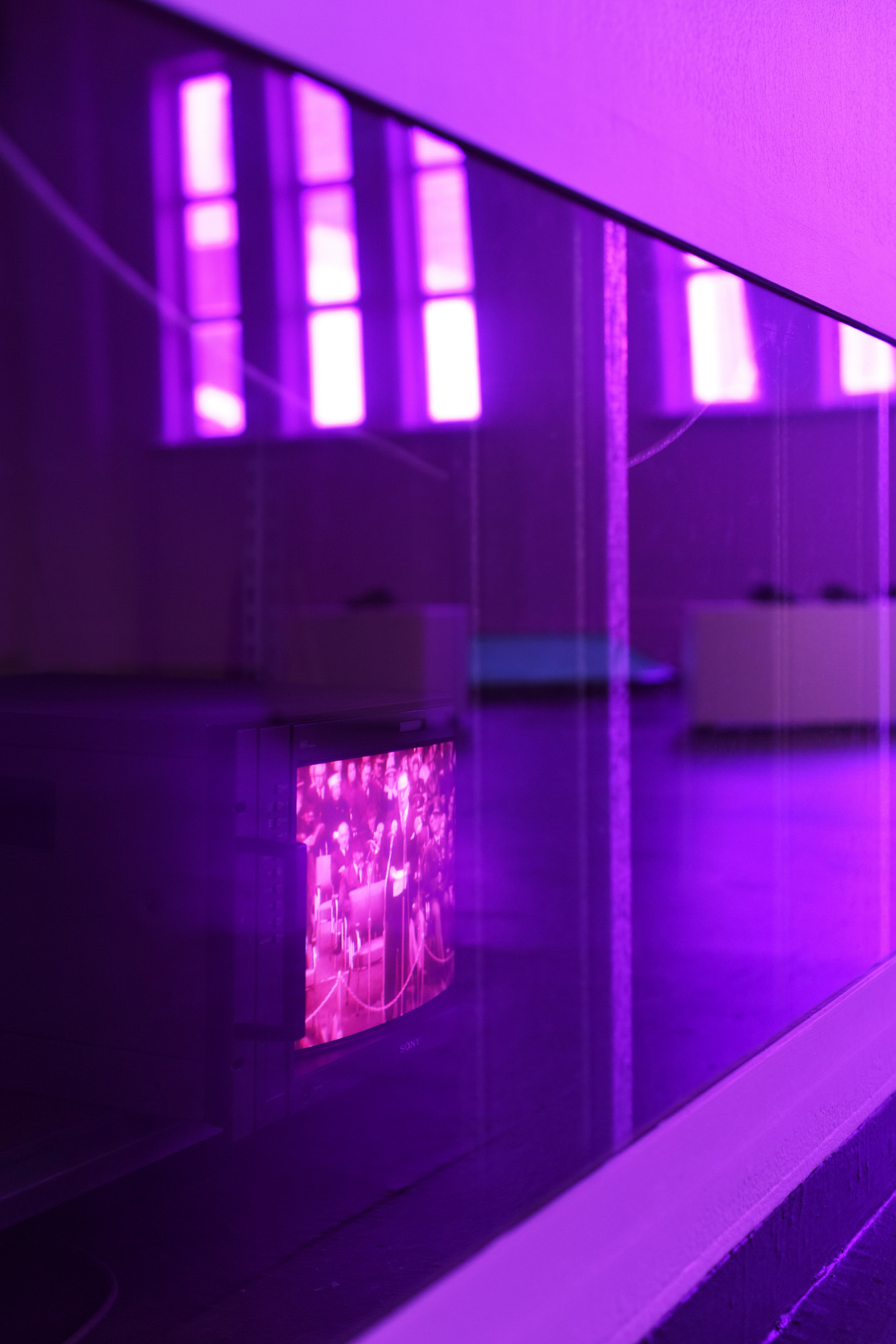 Detail through a tinted glass wall: a Sony broadcast monitor shows archival footage of a figure at a podium before a crowd- John Vorster- glowing warm pink, while reflections of tall purple-lit windows float across the glass surface.