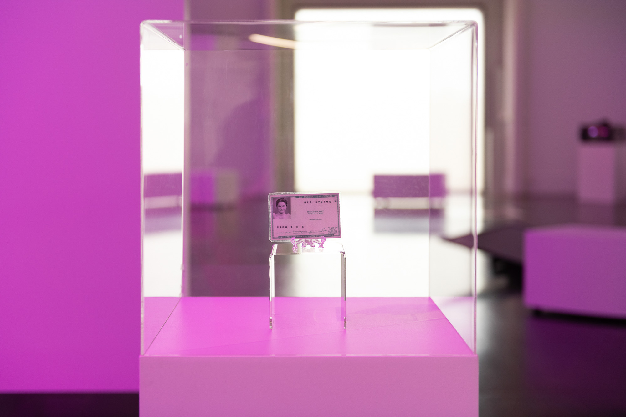 A South African identity card bearing a black-and-white portrait of a woman, displayed upright on a clear stand inside an acrylic case and illuminated by pink light.