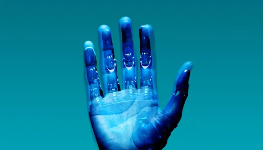 a blue robotic hand