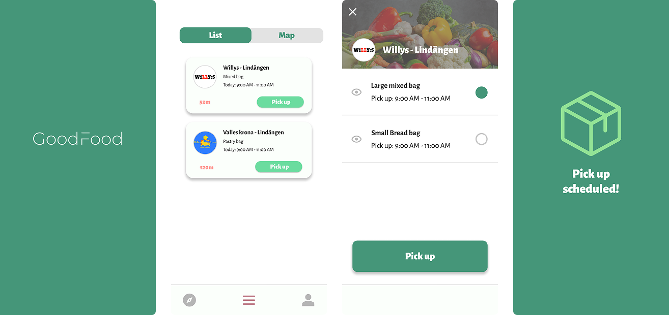 A photo showing the app screens on the user side of the service. One screen includes a selection of available stores, while the other shows the options for which ingredients are available for pick up..