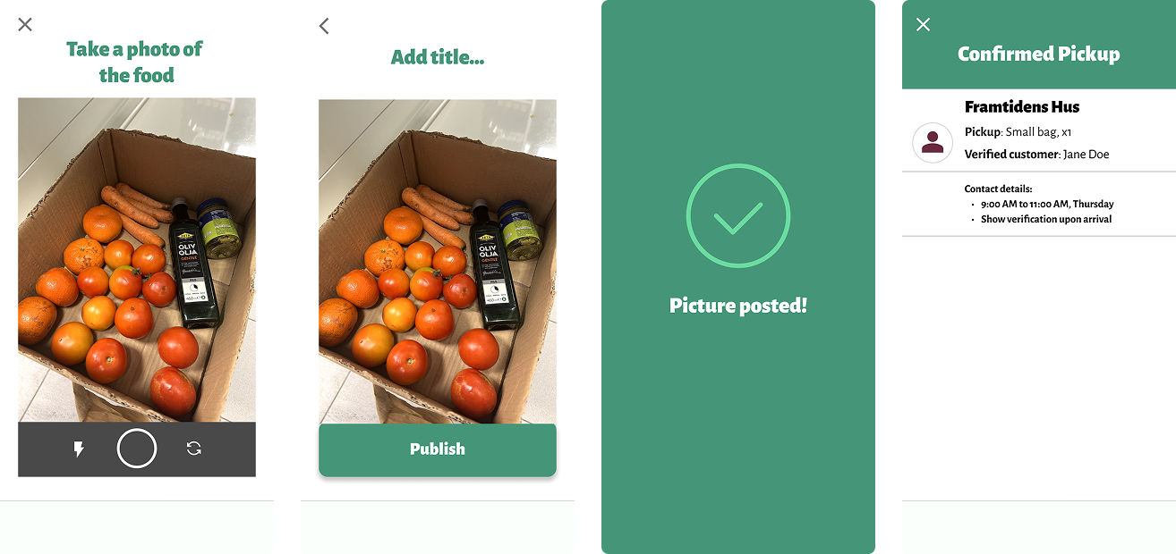 Selected screens from the store-end app interface, showing the process of uploading an item ready for pick-up, including taking an image of the contents as well as what a booked pick-up looks like from the store POV.