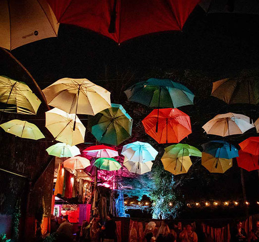 A canopy of umbrellas at Full Moon Rising Festival