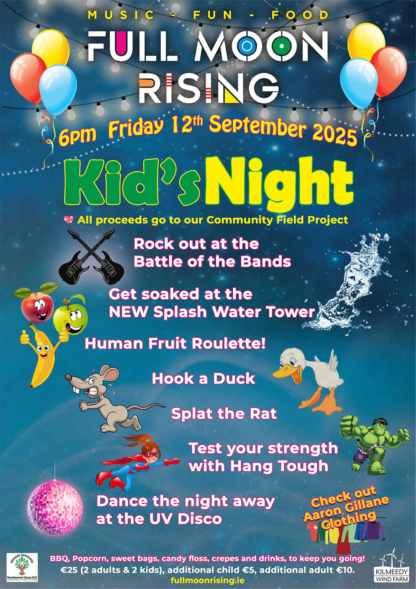 A colourful poster highlights all the events taking place on Friday 12th September at 6pm - the Full Moon Rising festival in Kilmeedy.