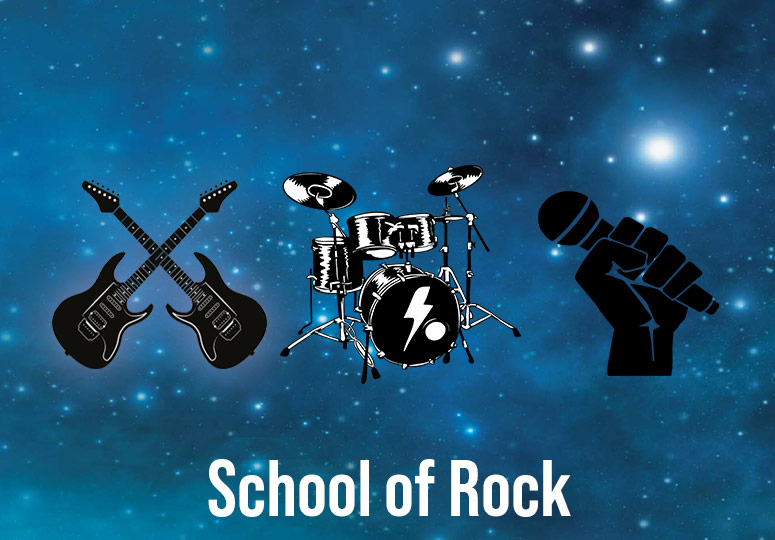 School of Rock - Guitars, Drums, and Mic on a starry background sky