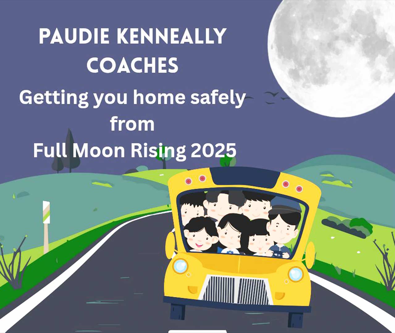 A cartoon illustration shows a packed bus on the road with a full moon in the background - Paudie Kenneally Coaches