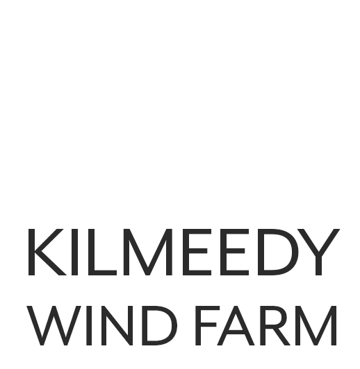 Logo for Kilmeedy Wind Farm illustrates three wind turbines on a landscape