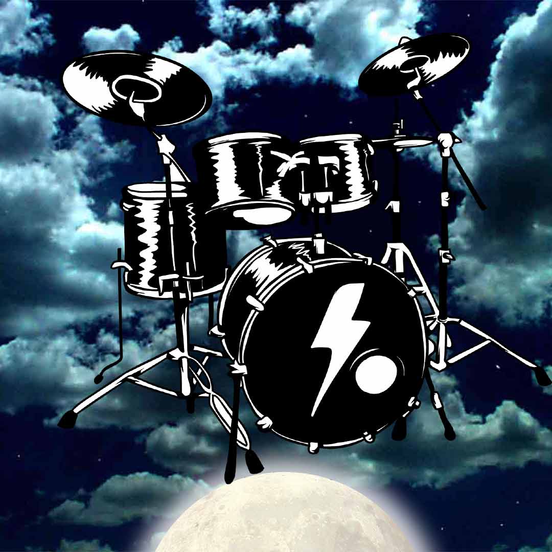 Black and white drum set with a lightning bolt symbol on the bass drum over a night sky with clouds and a full moon.