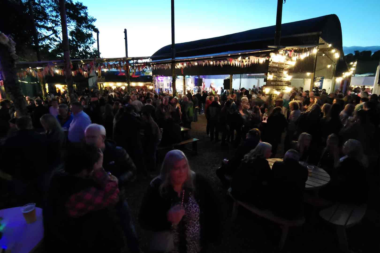 Crowd of people socializing outdoors at dusk under string lights and a decorated canopy.