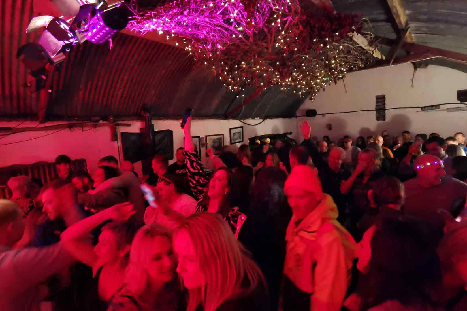 Crowd of people dancing and socializing under string lights inside a dimly lit venue with a curved ceiling.