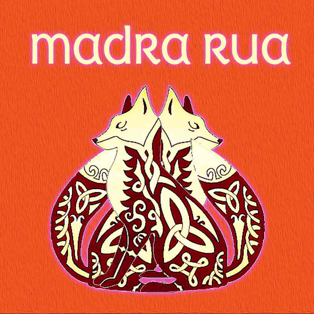 Illustration of two stylized foxes sitting back-to-back with intricate Celtic knot patterns on their bodies against an orange background with the text 'madra rua' above.