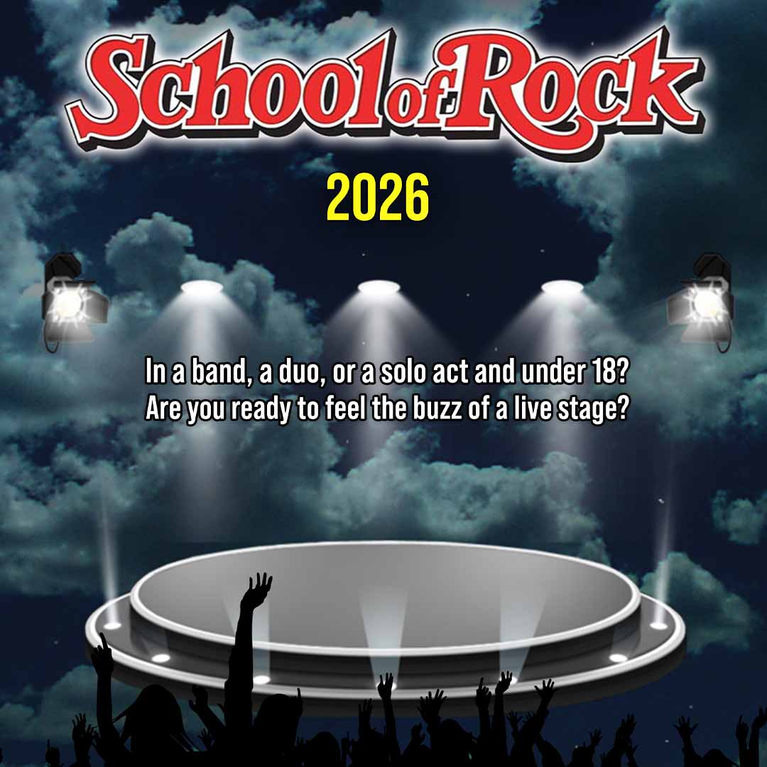 School of Rock 2026 poster with spotlights on a circular stage and audience silhouettes raising hands.