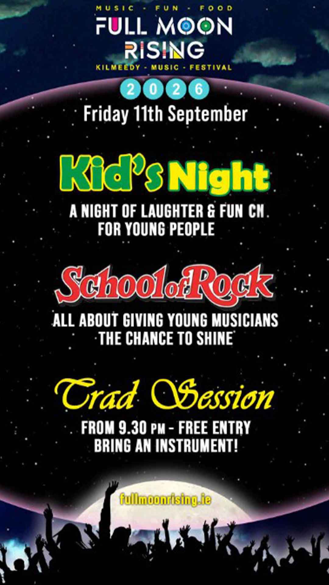 Full Moon Rising 2026 music festival poster with Kid's Night, School of Rock, and Trad Session details.