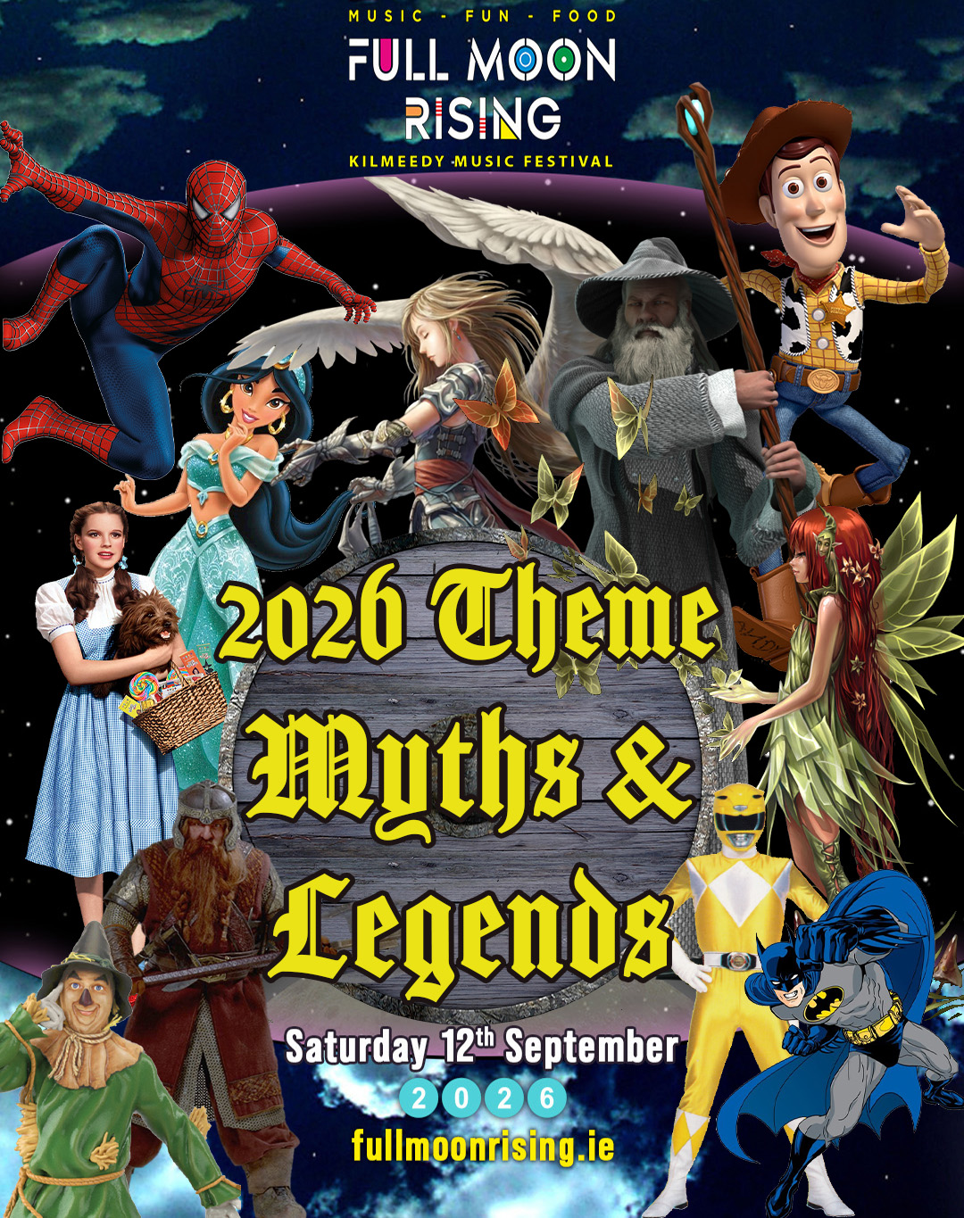 Poster for Full Moon Rising 2026 music festival with myth and legend characters and event date.