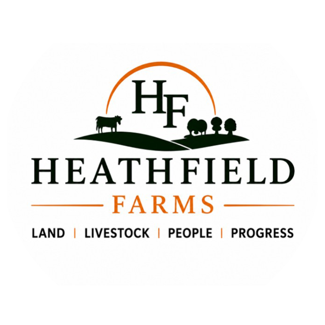 Heathfield Farms logo with HF initials, cow, trees, and the words land, livestock, people, progress.