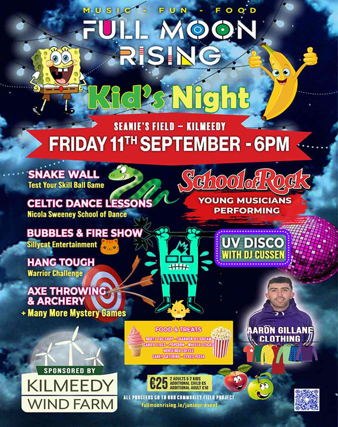 Poster for Full Moon Rising Kid's Night event with activities, music, food, and DJ on Sept 11 at Seanie's Field.