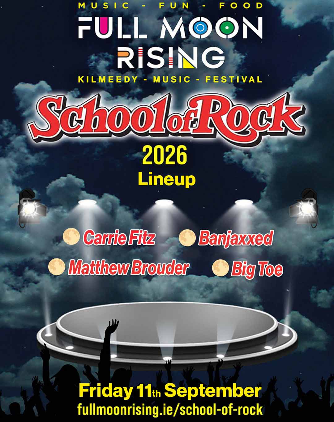Full Moon Rising 2026 School of Rock lineup with bands Carrie Fitz, Banjaxxed, Matthew Brouder, Big Toe on Sept 11.