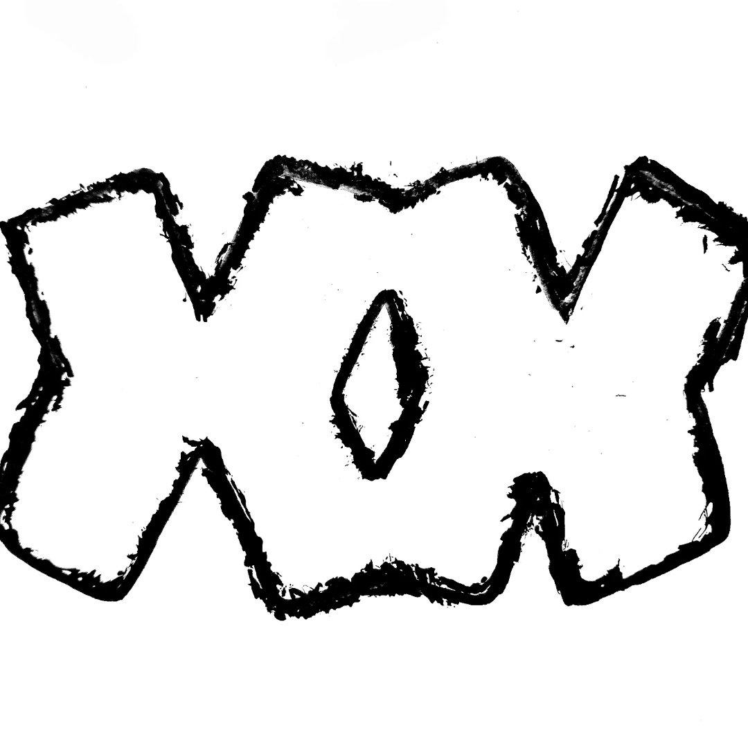 Black, rough-edged graffiti style letters spelling XOX on a white background.