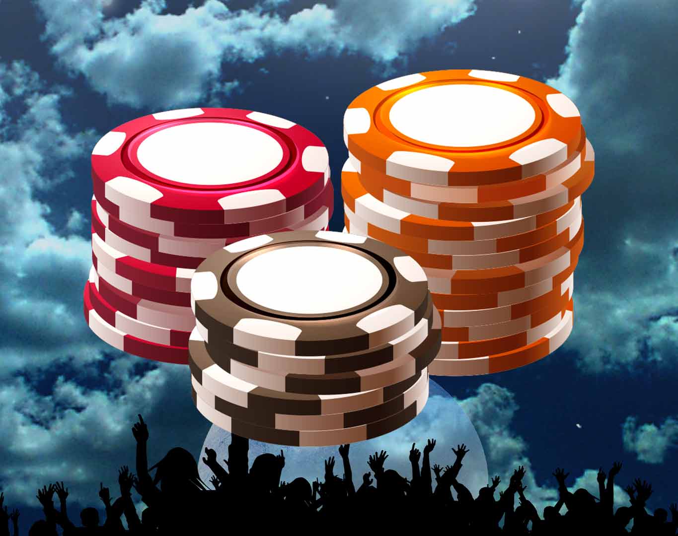 Stacks of red, brown, and orange poker chips floating against a cloudy night sky with crowd silhouettes below.