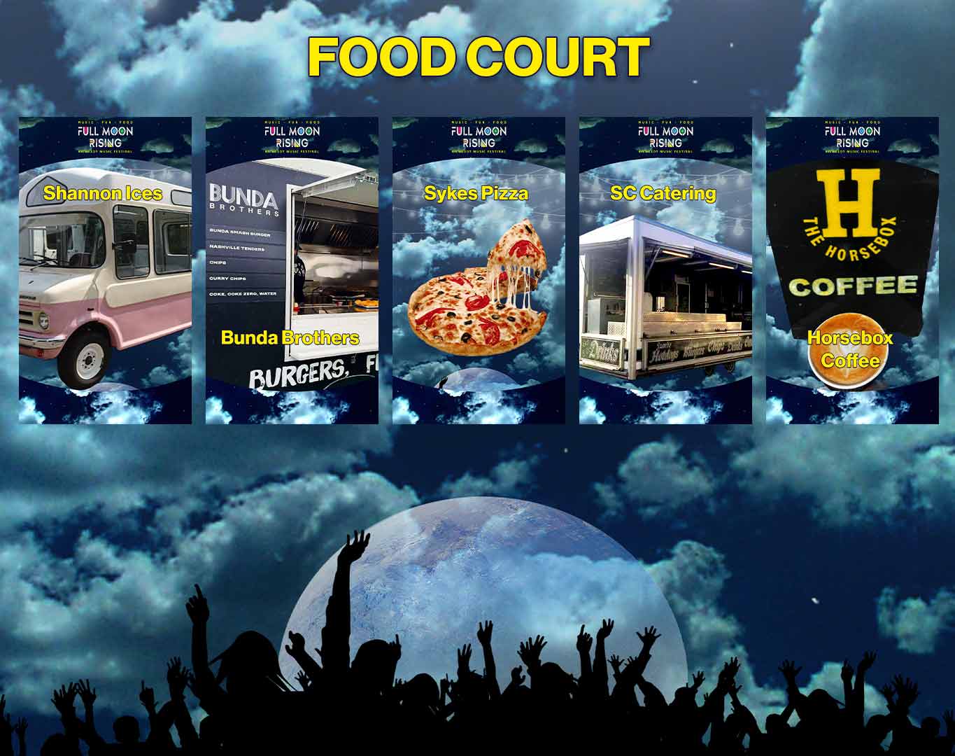 Food court vendors Shannon Ices, Bunda Brothers, Sykes Pizza, SC Catering, and Horsebox Coffee at Full Moon Rising.
