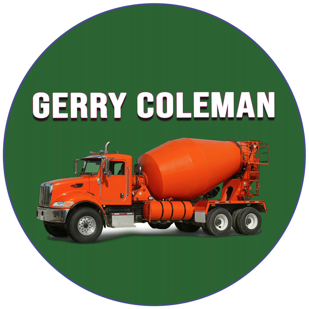 Orange concrete mixer truck on a green circular background with the name 'Gerry Coleman' in bold white capital letters above.