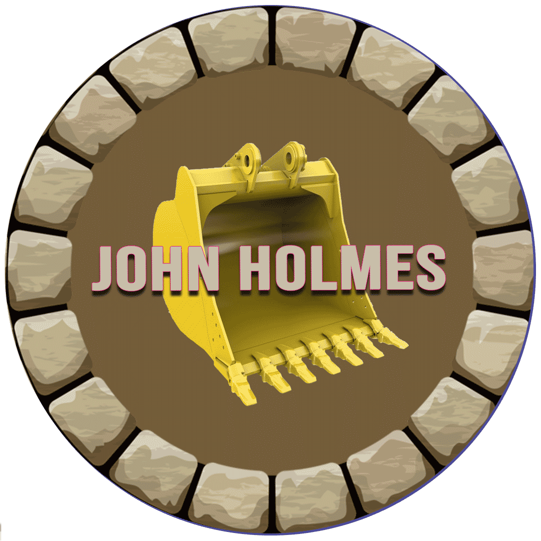 Circular emblem with a border of tan stones surrounding a brown background featuring a yellow excavator bucket in the center and the text 'JOHN HOLMES' across it.